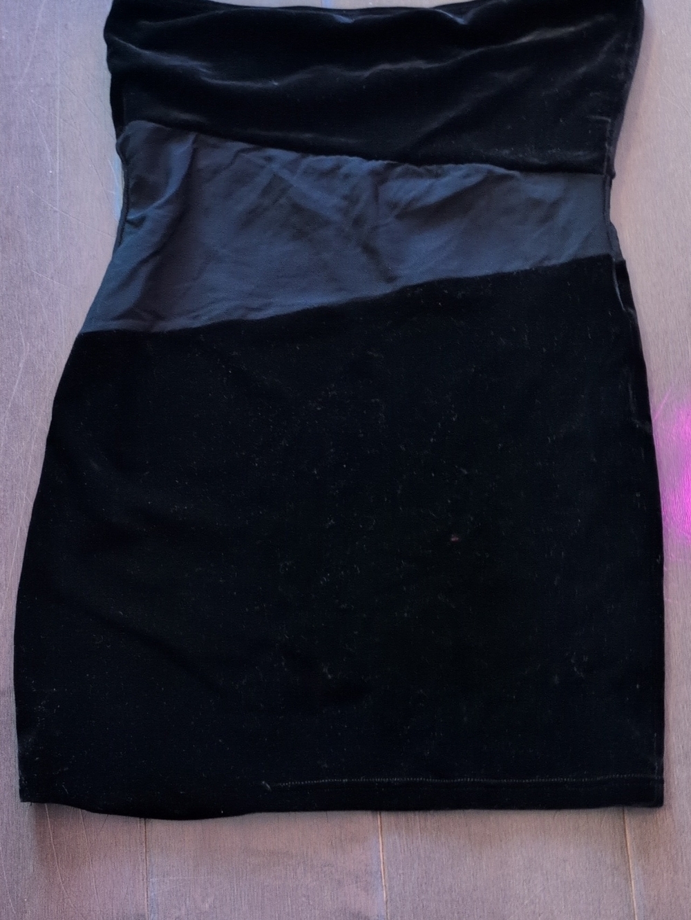 bebe Black Strapless Velvet Mini Dress with Sheer Satin Waist Panel